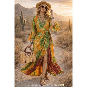 Boho Tie Dye Wrap Dress Womens Free Size Orange Green Festival Hippie Maxi Dress